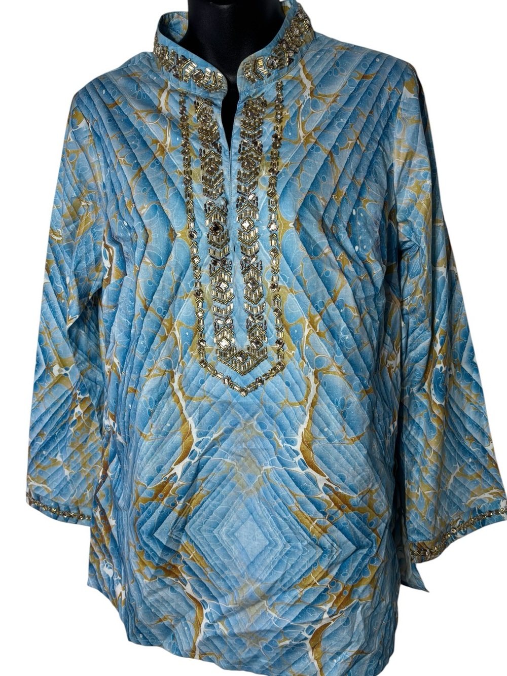 Nicoblu women’s medium luxury Resortwear tunic top marbled beaded rhinestone
